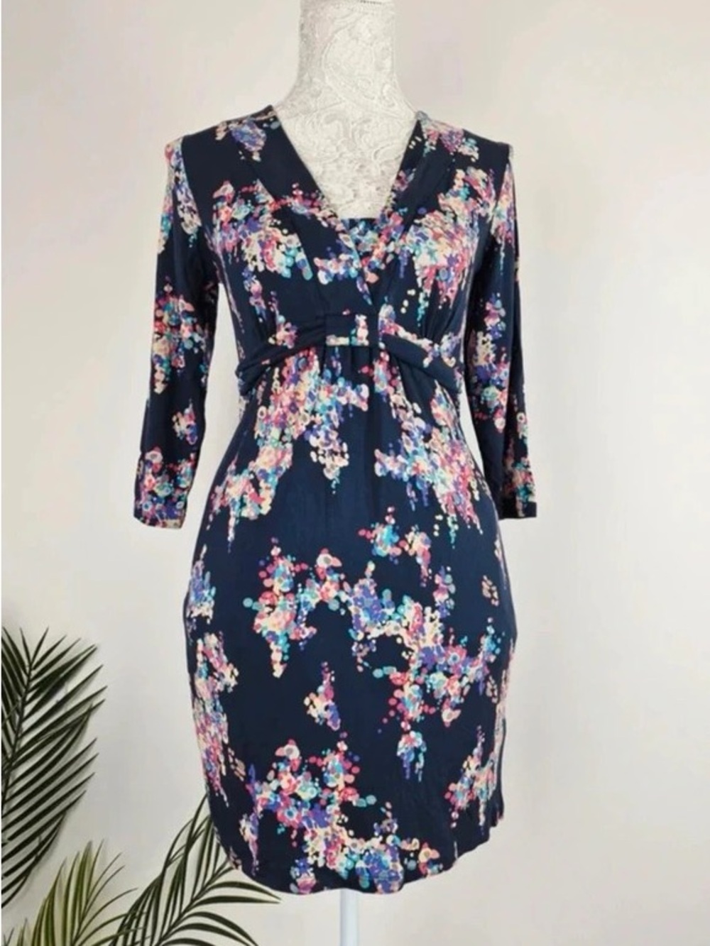 Navy Floral Empire Waist Maxi Dress with V-Neck